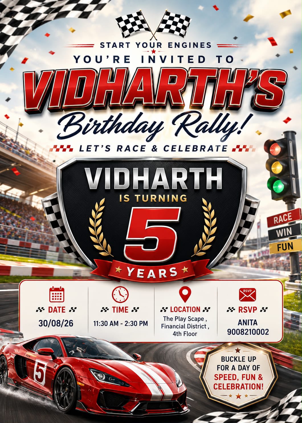 Invitation to Vidharth's fifth birthday on 30 August 2026 from 11:30 AM to 2:30 PM at The Play Scape, Financial District